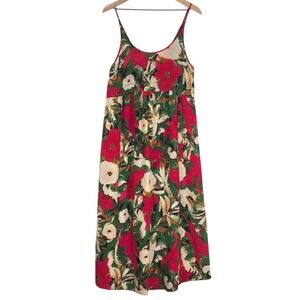 WILFRED Aritzia Silk Midi Dress Sz M Ivory Red Green Floral Tropical Sleeveless